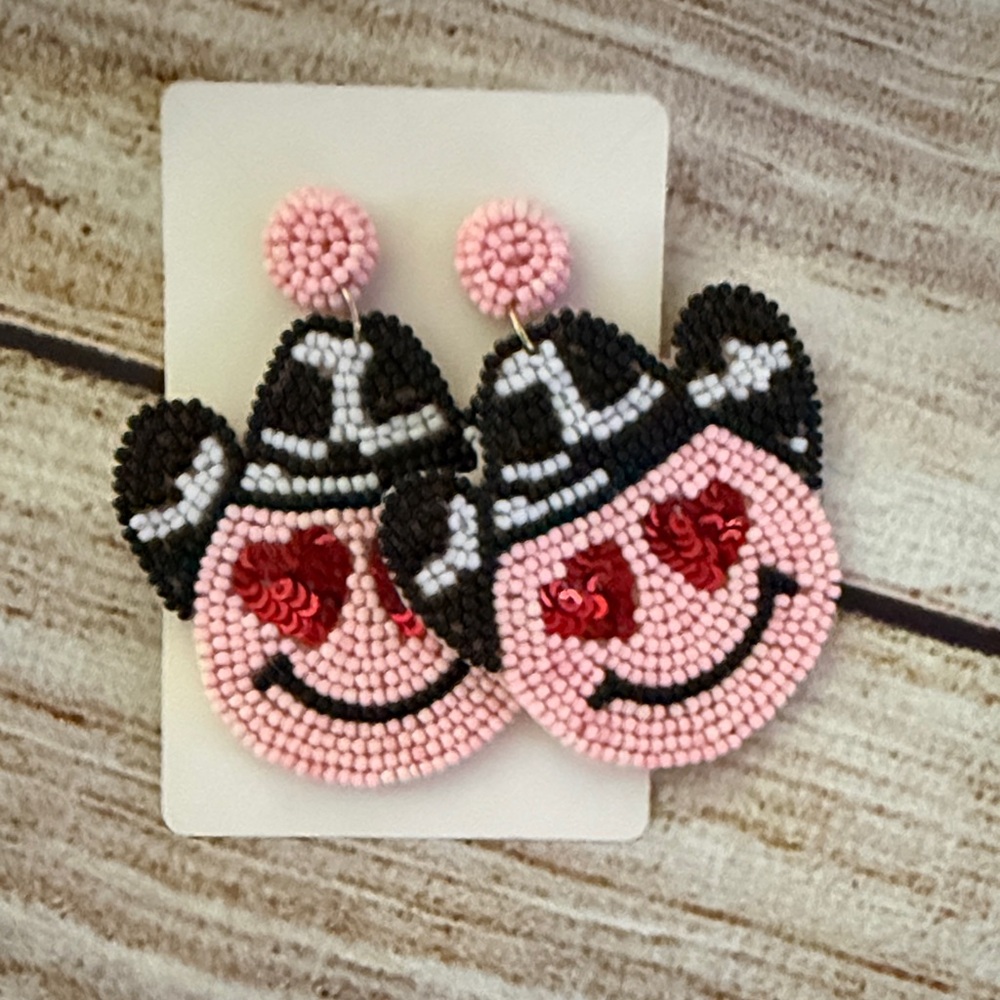 Pink and Black Beaded Smiley Face Earrings